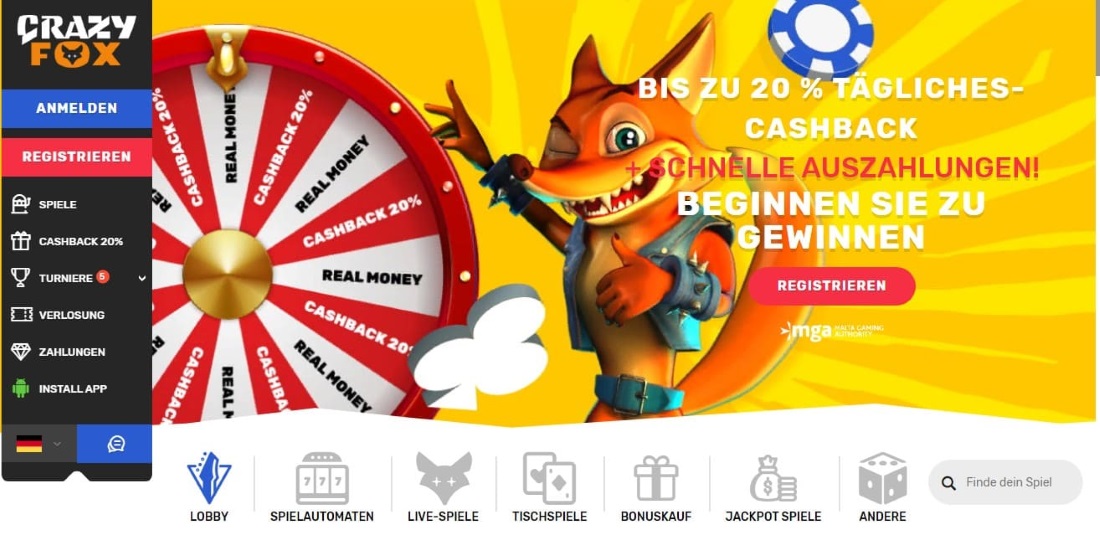 übersicht über die Casino-Website